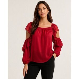 Mika Mindel Red 100% Silk Ruffle Flutter Sleeve Off Shoulder Blouse XL NWT